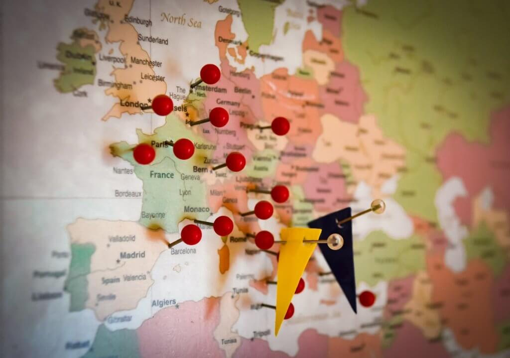 Europe map destination planning with pins