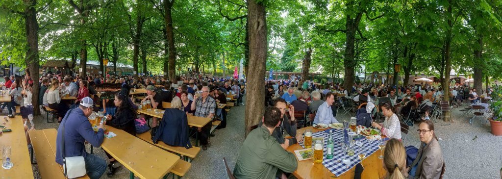 Munich Germany Hofbraukeller Biergarten full on a spring day