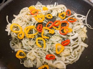 marinated zucchini recipe onions and peppers in pan