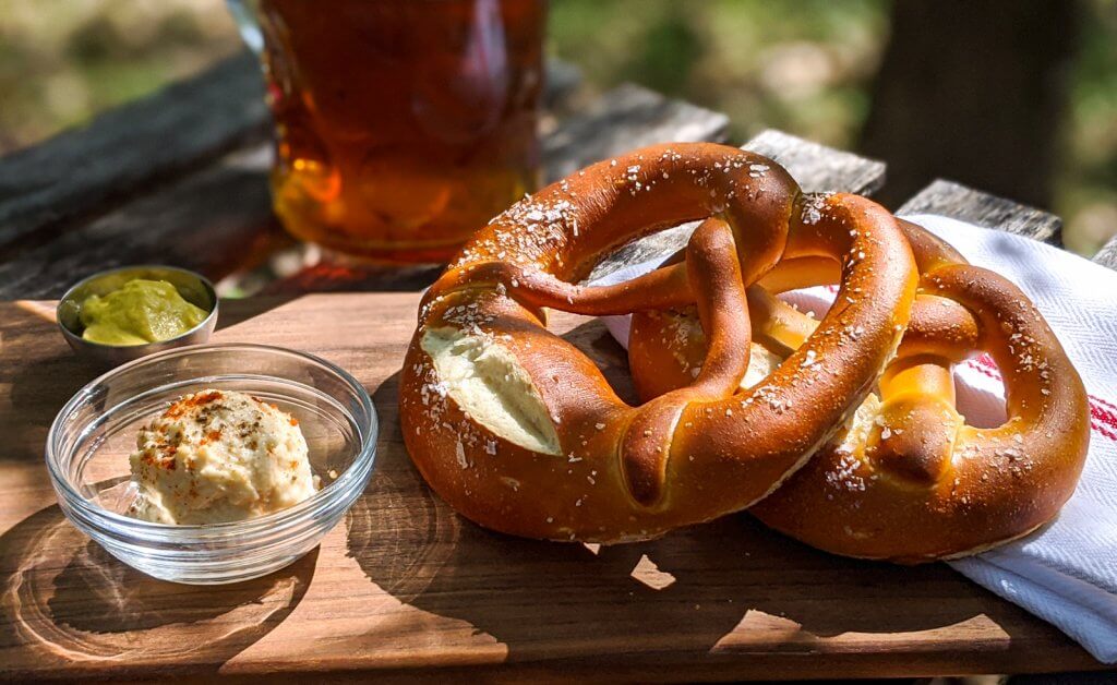 Ryan Biergarten pretzel obatzda and beer
