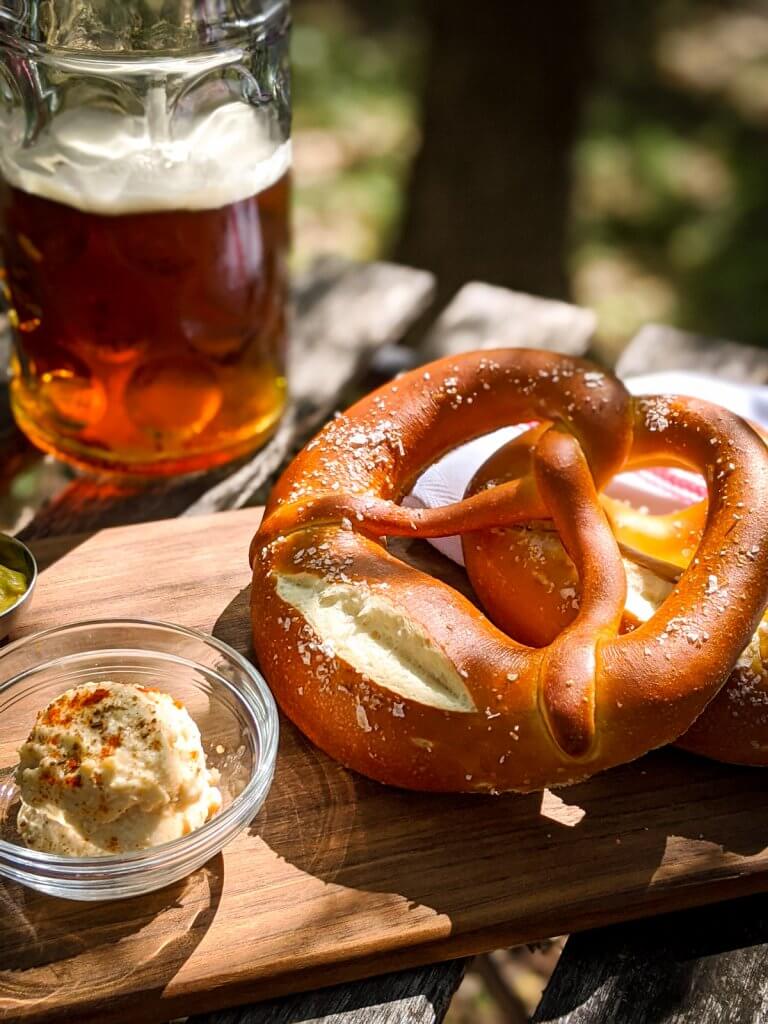 Biergarten pretzel obatzda and beer