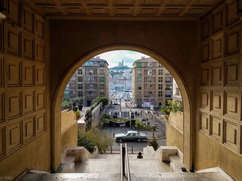 France Marseille basilica on hill, old car stairs tunnel