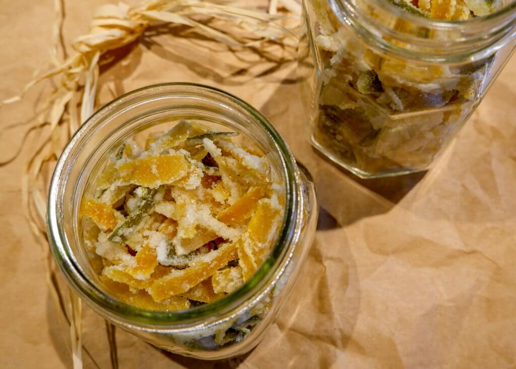 candied citrus peels in jars