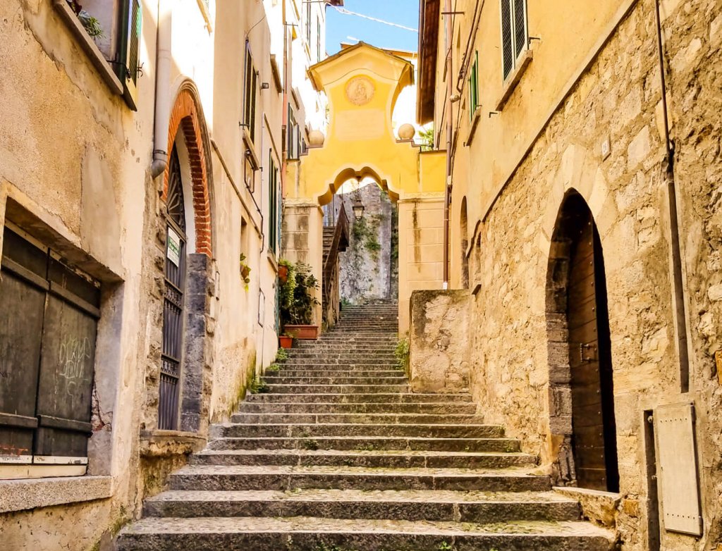 Lake Como Italy Bellano town cobblestone stepes