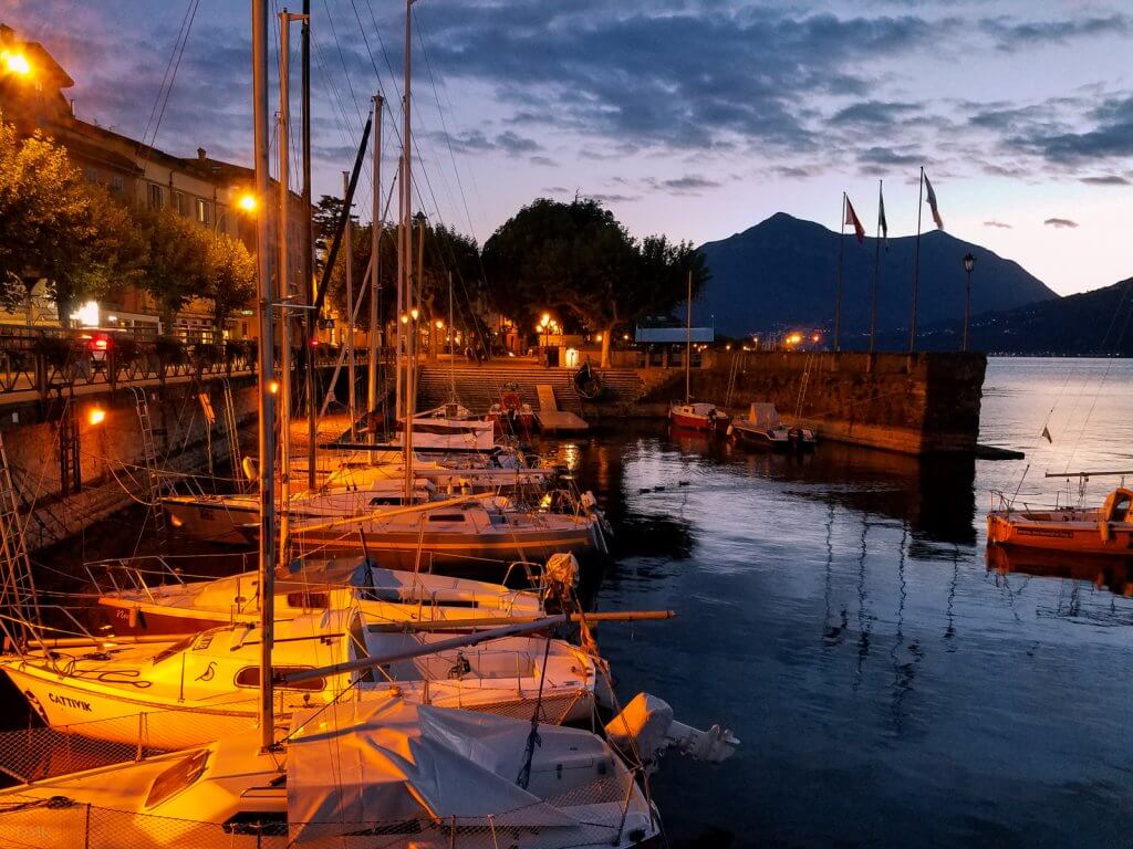 Lake Como Bellano boats docked night